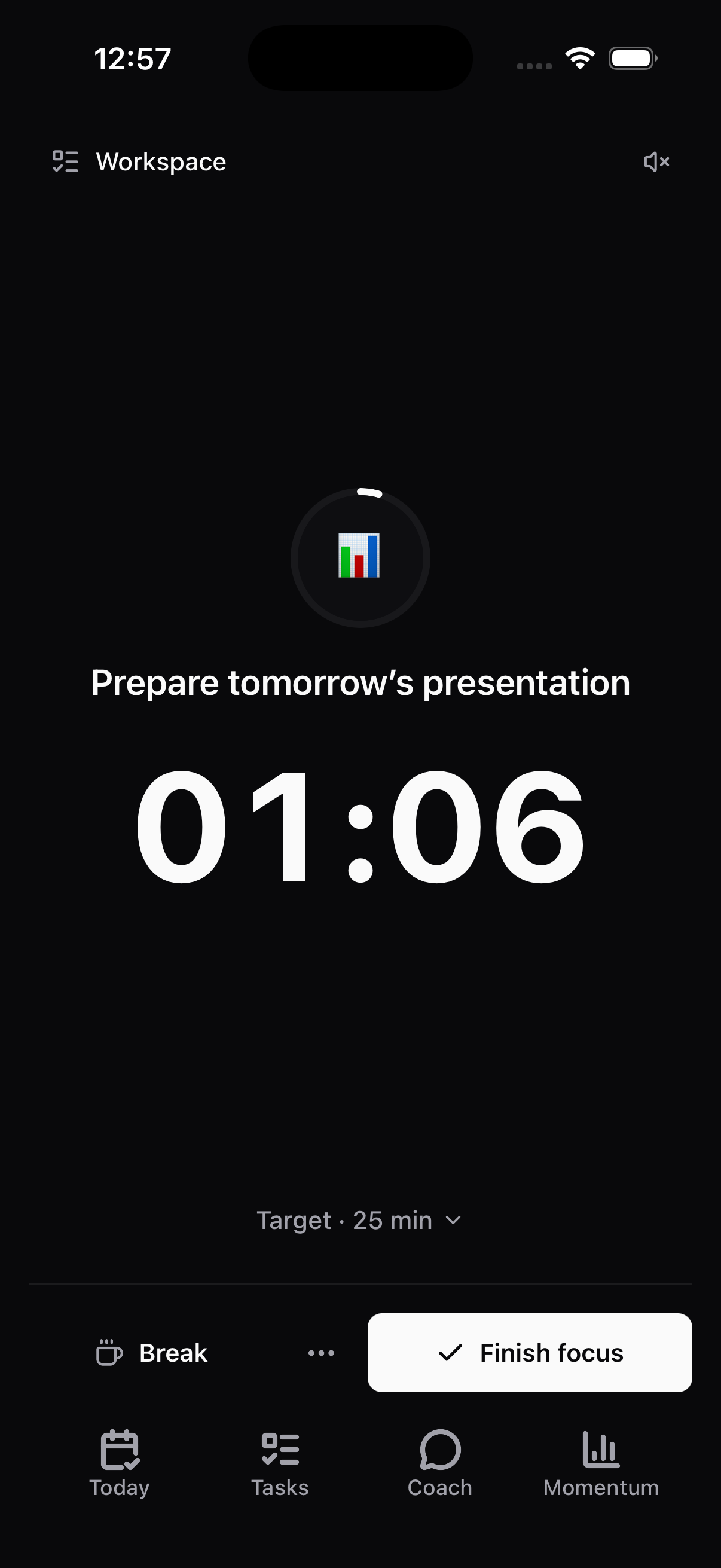 An active Tenny focus session for preparing tomorrow’s presentation, showing elapsed time, a 25-minute target, and break and finish controls.