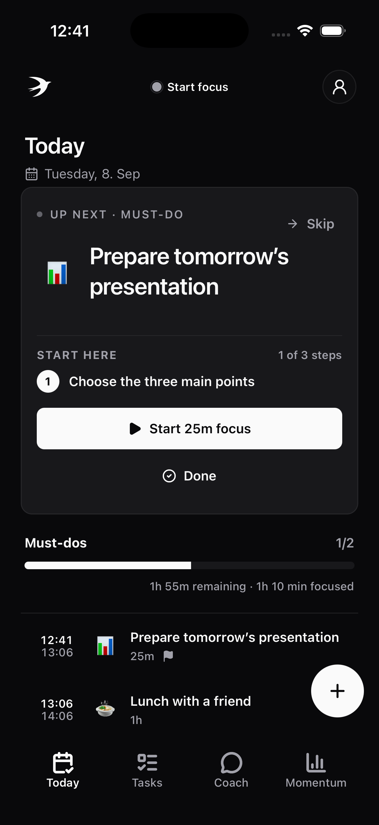Today on iPhone: a presentation to focus on now, with lunch planned next.